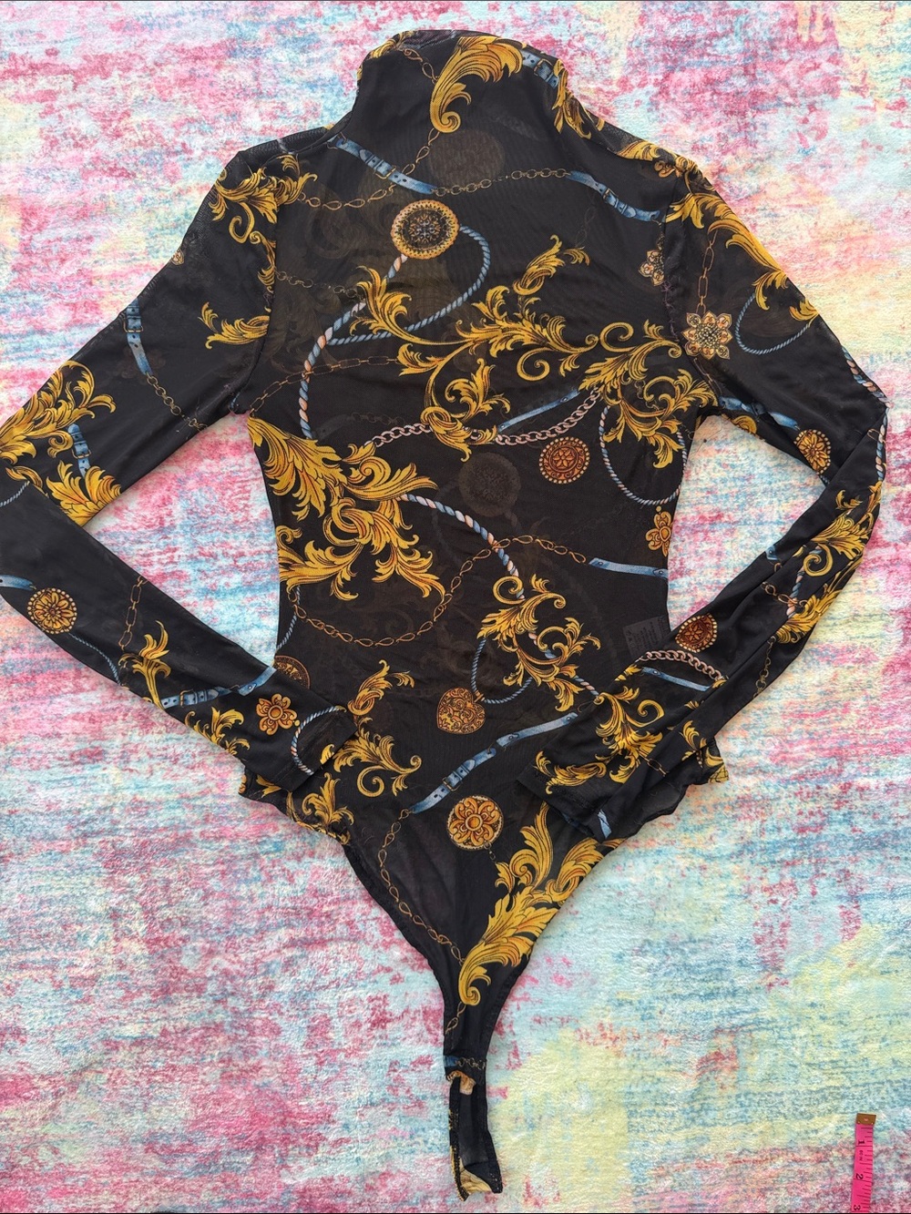 Fashion Nova Black and Gold Baroque Long Sleeve Bodysuit